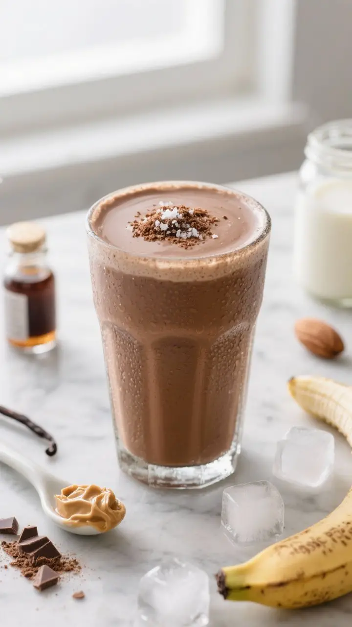 A straight-on close-up of The Classic Fudge Shake in a chilled, frosty glass with a thick, silky texture and faint condensation, rich cocoa-brown color; topped with a light dusting of unsweetened cocoa and a tiny pinch of sea salt. Style a minimal scene: a small spoonful of peanut butter on a ceramic spoon, a few chocolate protein powder scoops, a half frozen banana, and 4–6 ice cubes scattered on a cool marble surface. Include a small bottle of vanilla extract and a jar of almond milk in the background, soft diffused window light for a malt-shop vibe, shallow depth of field to emphasize creaminess.