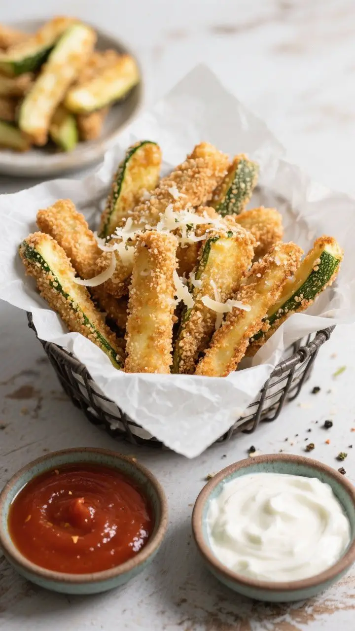 A straight-on hero shot of garlic-Parmesan zucchini fries in a parchment-lined basket: thick, evenly cut sticks coated in whole-wheat breadcrumbs (or panko), finely grated Parmesan, garlic powder, Italian seasoning, kosher salt, and black pepper, air-fried to a deep golden crunch and lightly misted with oil. Two dipping bowls in the foreground: warm marinara and Greek yogurt ranch. A small pile of unbreaded zucchini sticks in the background for contrast. Crisp crumb texture and melty cheese flecks clearly visible, clean rustic tabletop.