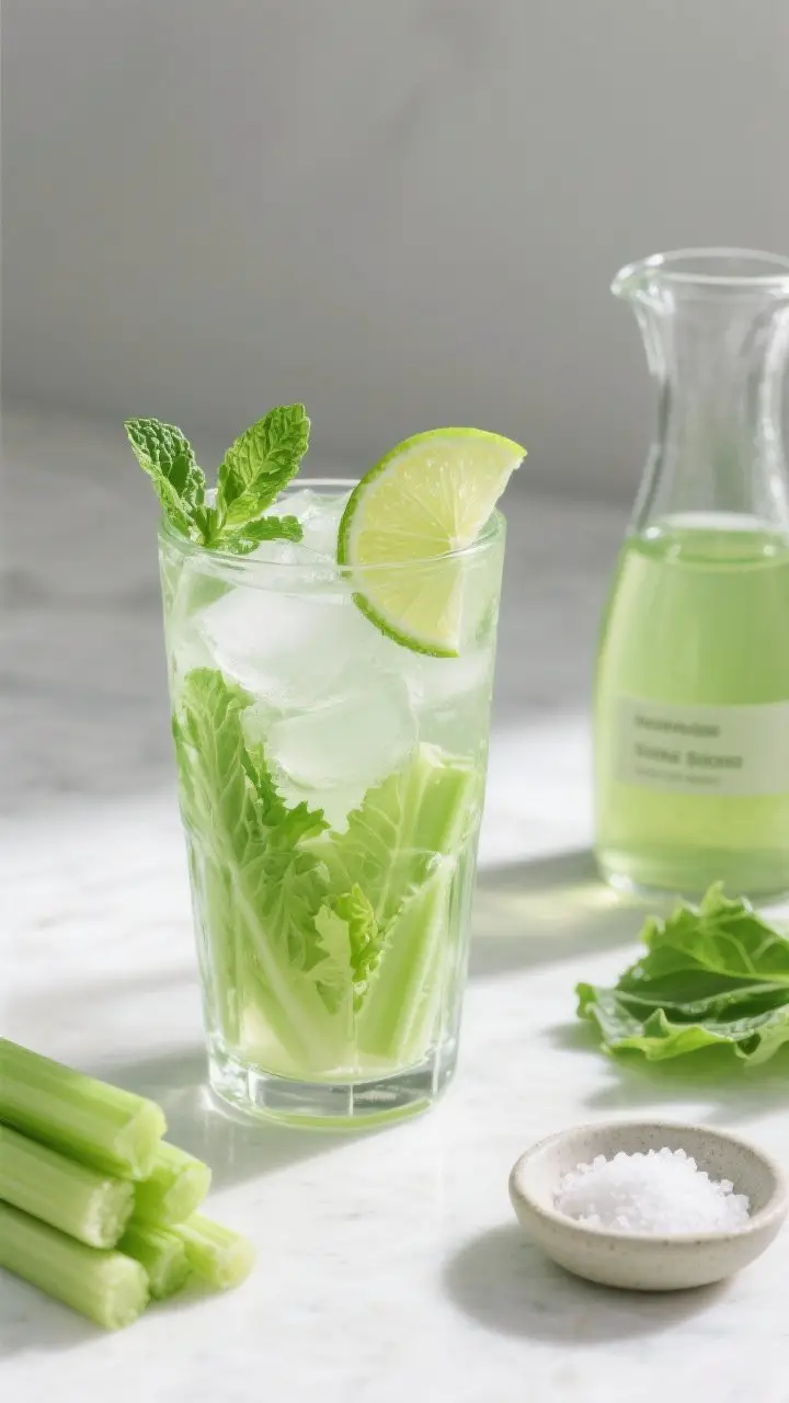 A straight-on, minimalist scene of the super-green celery, romaine, and green tea energizer served over ice in a tall, clear glass, ultra-light and crisp green hue with high clarity from straining. A thin half wheel of lime tucked inside the glass, a few mint leaves optional on top. To the side: a small carafe labeled chilled unsweetened green tea, romaine leaves and celery stalks neatly stacked, and a small dish of sea salt indicating a post-sweat boost. Clean backdrop, mid-morning light, calm caffeinated energy.