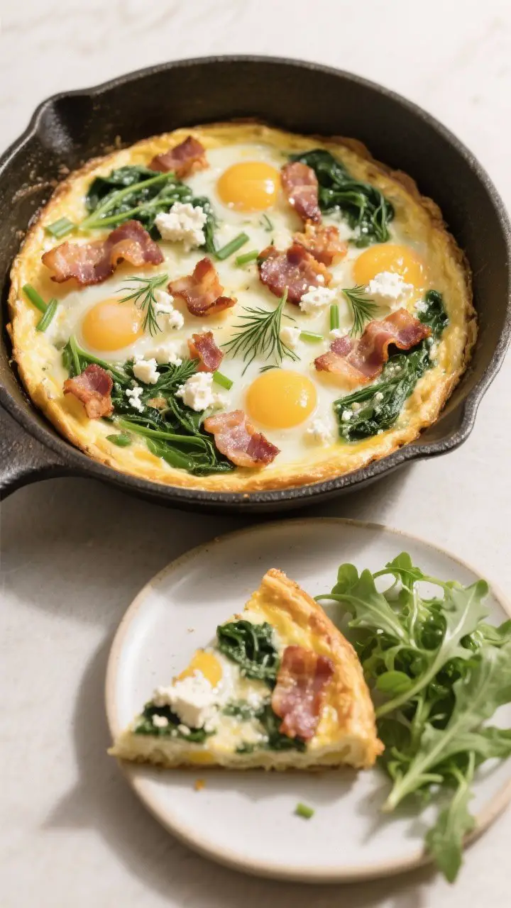 A straight-on plated presentation of a bacon, goat cheese, and herb frittata in an oven-safe skillet: custardy eggs just set, pockets of tangy goat cheese, crisp bacon shards on top, wilted spinach and flecks of dill and chives throughout; a clean slice removed and set on a small plate with an arugula side; visible soft curds and golden edges; neutral background, bright natural light highlighting the glossy sheen and airy texture.