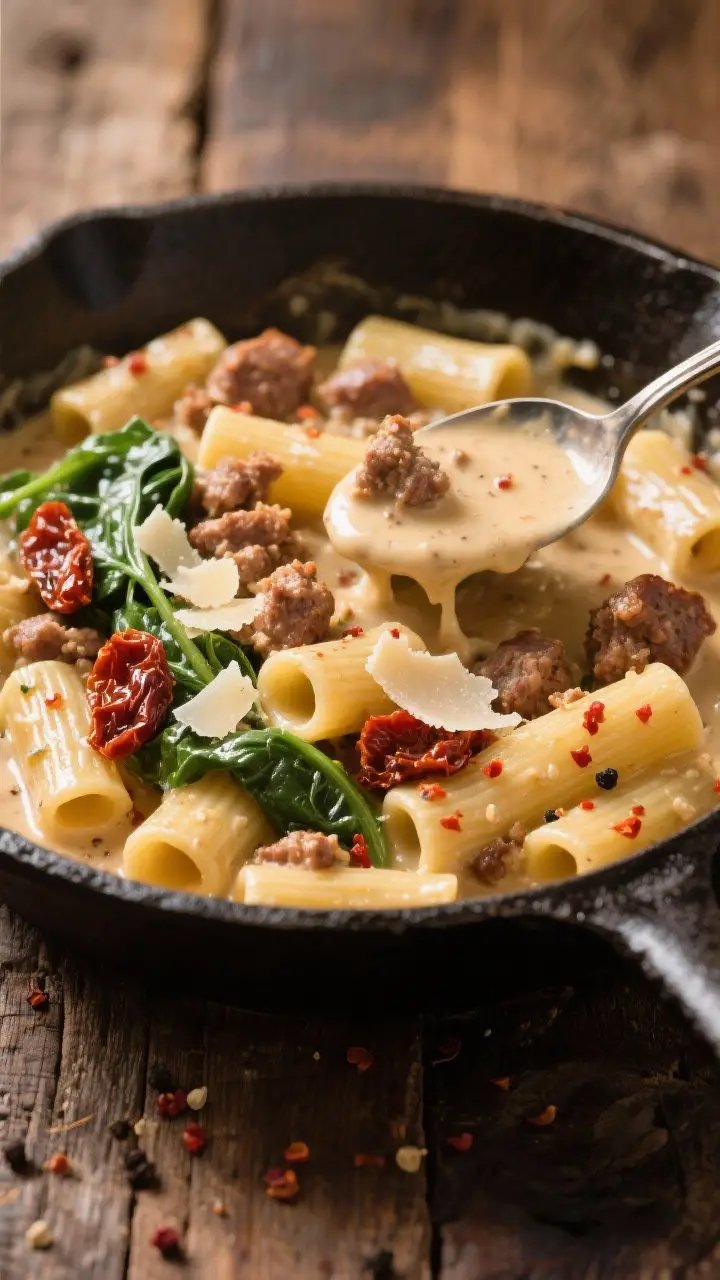 A straight-on skillet scene of creamy Tuscan sausage pasta: rigatoni coated in a rich cream sauce with crumbled Italian sausage, chopped sun-dried tomatoes, wilted baby spinach, and melted Parmigiano-Reggiano; flecks of red pepper flakes and cracked black pepper visible, a spoon lifting pasta to show velvety sauce stretch; cast-iron pan on a rustic wooden table, warm tones, high contrast, appetizing sheen