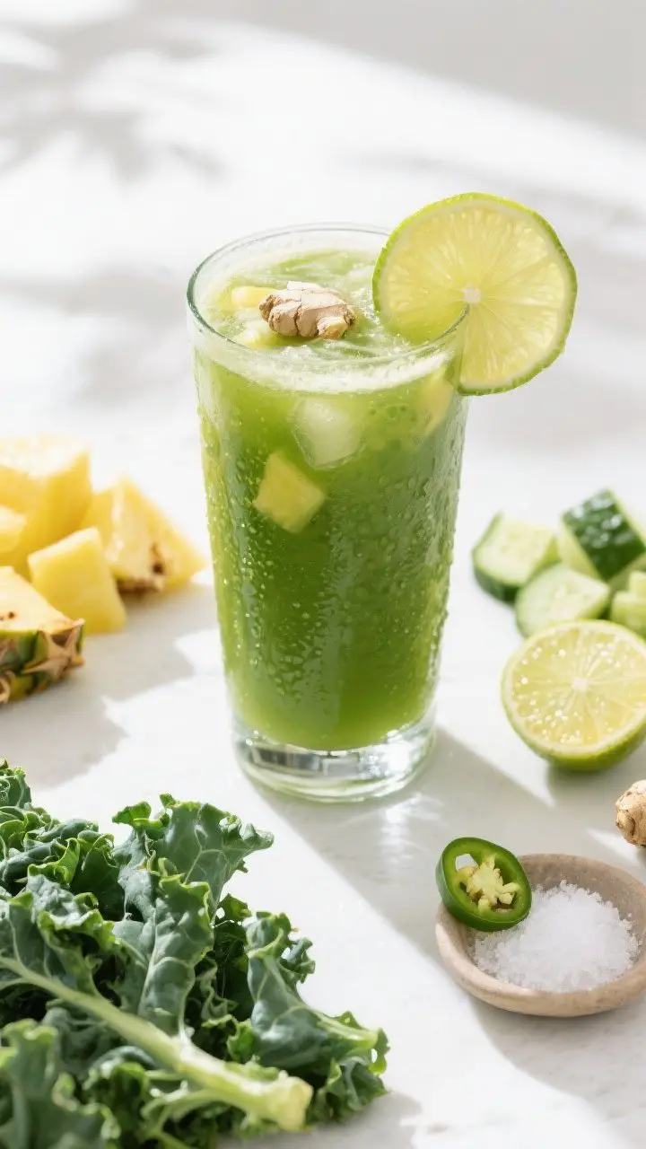 A vibrant overhead shot of the final juice: a tall clear glass filled with kale, pineapple, and lime green juice over ice, glistening with condensation. Garnish with a thin lime wheel on the rim and a tiny grate of fresh ginger. Surround the glass with raw ingredients styled in a bright, morning setup: packed kale leaves (stems removed), pineapple chunks, a small chopped cucumber, a peeled lime half, a peeled 1-inch ginger knob, and a pinch dish of sea salt; include a tiny slice of jalapeño off to the side as a spicy option. Clean white surface, natural sunrise light, crisp shadows, professional styling that feels sunny and refreshing.