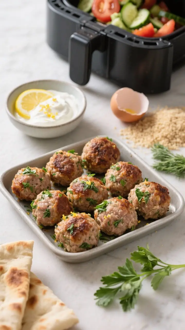 An ingredient-to-finished composition: foreground shows a shallow tray of herbed turkey meatballs just out of the air fryer—browned, juicy spheres with flecks of parsley, dill, garlic, and lemon zest—while the background features a small bowl of zesty yogurt sauce (Greek yogurt, lemon juice, olive oil, grated garlic, salt, pepper). Include a few raw prep elements off to the side: a cracked egg, whole-wheat breadcrumbs, and fresh herbs. Shot at 45 degrees with soft light, serving suggestion hints: warm pitas and a cucumber-tomato salad.
