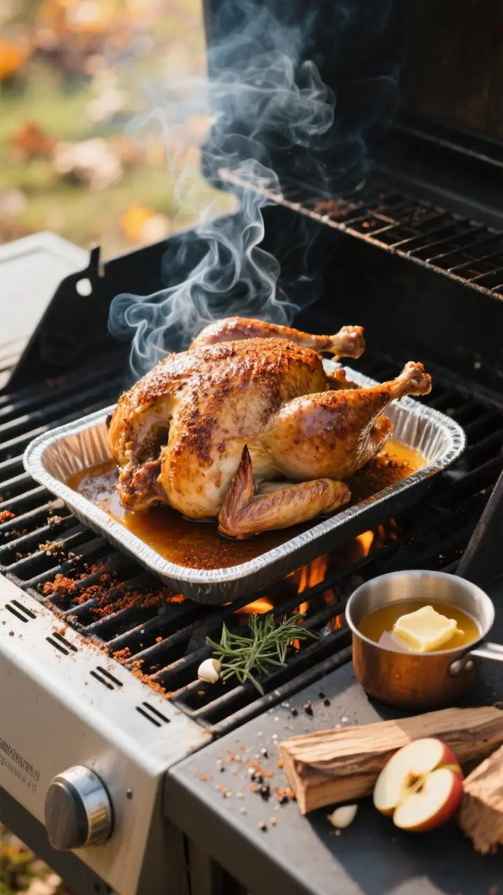 An outdoor, straight-on grill-side scene of Smoky Applewood Turkey: whole bronzed turkey on the grates over indirect heat, wisps of applewood smoke curling up. A drip pan beneath filled with apple cider catching juices; spice rub (salt, brown sugar, black pepper, paprika, dried thyme, garlic powder) visible as a savory bark. Include soaked applewood chunks on the side of the grill and a small saucepan of cider-butter reduction ready to drizzle. Natural daylight with a fall, campfire vibe; clean, appetizing smoke highlights.