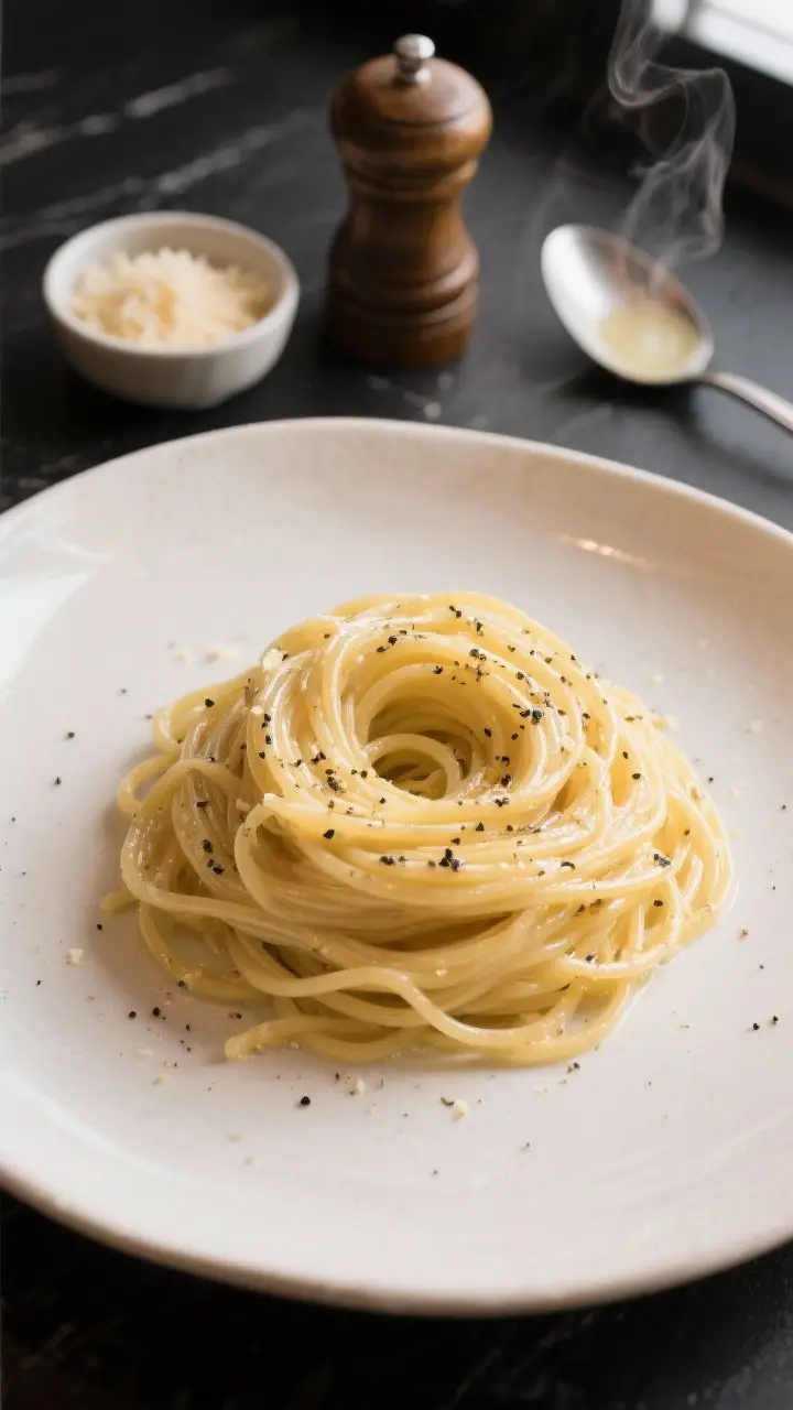 An overhead close-up of glossy Roman cacio e pepe twirled in a nest on a warm white ceramic plate, spaghetti coated in a silky Pecorino Romano emulsion with visible specks of freshly cracked black pepper; a small bowl of finely grated Pecorino, a pepper mill, and a ladle of starchy pasta water in the background on a matte black surface, steam faintly rising, minimalist styling, soft window light, shallow depth of field