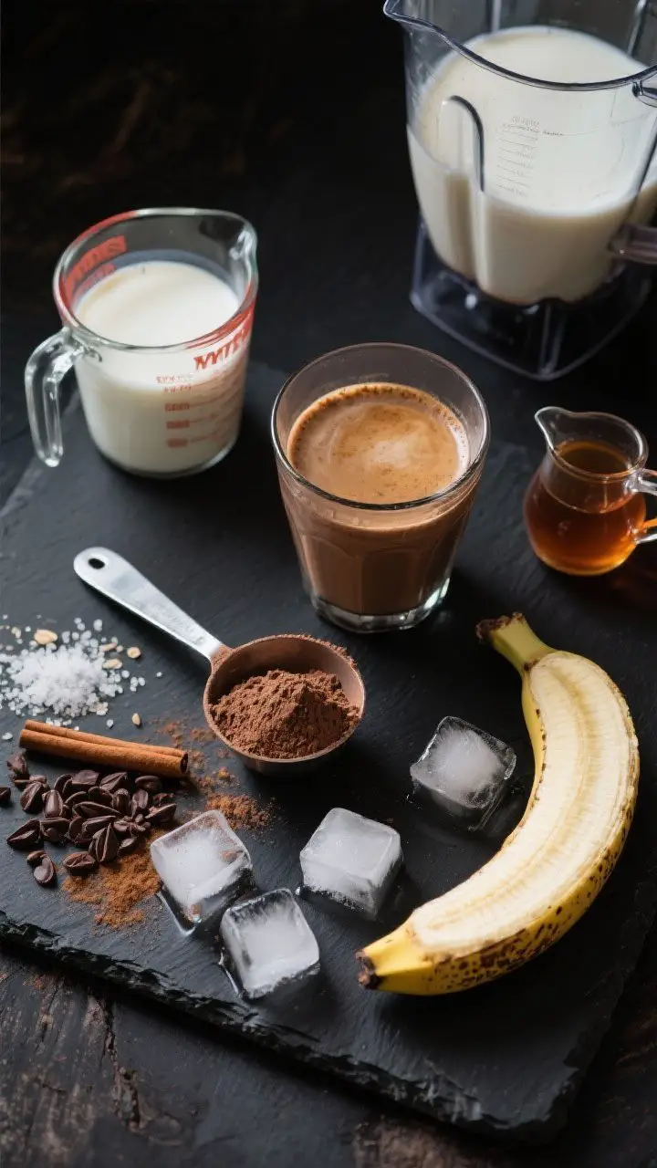 An overhead flat-lay ingredients shot for the Mocha Muscle Maker: a chilled glass of brewed coffee (or espresso diluted), unsweetened oat milk in a measuring cup, 1 scoop of chocolate protein powder in a metal scoop, half a frozen banana, cacao nibs and a pinch of cinnamon sprinkled nearby, fine sea salt pinch, maple syrup in a tiny pitcher, and 6–8 ice cubes. Arrange on a dark slate board to echo mocha tones; include a blender jar partially filled with coffee and milk to suggest blending. Moody, contrasty light to highlight frosty, coffee-chocolate vibes.
