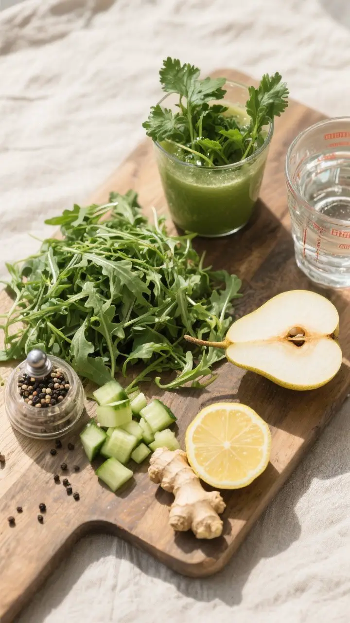 An overhead ingredient-prep flat lay capturing the peppery greens juice mise en place: a pile of arugula, a packed cup of flat-leaf parsley (tender stems visible), a chopped ripe pear with its core removed, a small chopped cucumber, a peeled half lemon, a peeled 1-inch ginger piece, and a measured glass of cold water. Place a small grinder with cracked black pepper nearby as a finishing touch. Neutral linen, rustic wood board, bright natural light emphasizing herbaceous greens and the elegant, slightly peppery mood.