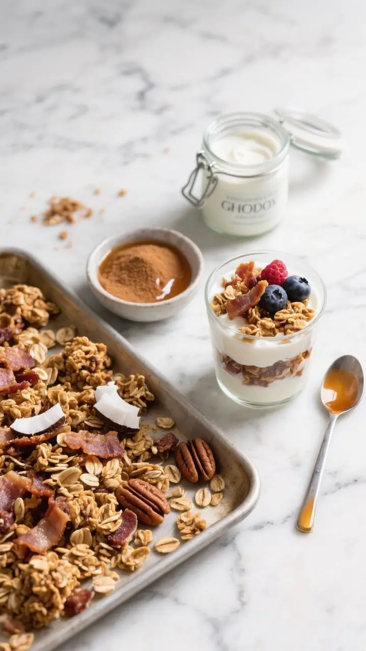 An overhead ingredient-to-finish scene for brown sugar–bacon granola yogurt parfaits: a tray of golden granola clusters with finely chopped crisp bacon, oats, pecans, coconut flakes, and cinnamon; a small bowl with brown sugar and a drizzle of maple syrup; a jar of Greek yogurt and a glass layered parfait with yogurt, bacon granola, and fresh berries; a spoon with sticky maple sheen; cool morning light on a marble surface to emphasize crunchy textures and glossy yogurt.