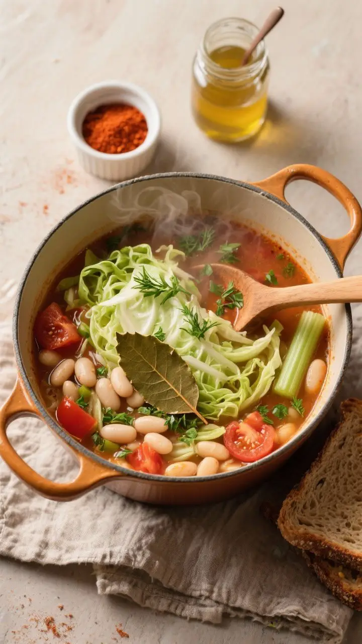 An overhead, rustic pot shot of cleansing cabbage and white bean soup at a lively simmer: shredded green cabbage ribbons, cannellini beans, diced tomatoes, fennel and celery pieces, and a visible bay leaf in a paprika-tinged broth; steam rising, a wooden spoon partially submerged; finishing touches of chopped parsley and fennel fronds sprinkled over; a small ramekin of smoked paprika, a jar of apple cider vinegar, and a slice of whole-grain toast on the side; warm tones, textured linen beneath the pot for a hearty, satisfying mood.