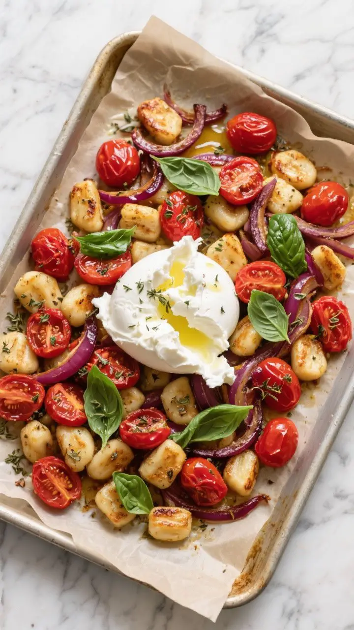 An overhead sheet-pan flat lay of roasted gnocchi with burst cherry tomatoes and caramelized red onion strands, sprinkled with dried oregano; torn burrata set on top, creamy centers oozing, showered with torn fresh basil leaves and a light olive oil drizzle; parchment-lined pan on a cool marble surface, vibrant reds and greens popping, minimal props for weeknight simplicity