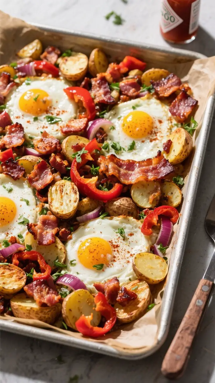An overhead sheet-pan scene of bacon, potato, and pepper hash fresh from the oven: halved baby potatoes blistered and golden, chopped red bell pepper and red onion caramelized at the edges, crisped thick-cut bacon pieces scattered throughout; four wells holding baked eggs with set whites and runny yolks; a dusting of smoked paprika and chopped parsley; a bottle of hot sauce and serving spatula at the corner of the parchment-lined pan; high-contrast natural light to amplify crisp textures.