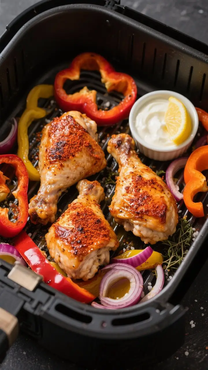 An overhead sheet-pan-style scene inside an air fryer basket: bone-in, skin-on chicken thighs, skin blistered and lacquered with a smoky paprika rub (smoked paprika, sweet paprika, garlic powder, onion powder, dried oregano, kosher salt, black pepper, olive oil), nestled among sliced red, yellow, and orange bell peppers and thin red onion crescents. A small ramekin of Greek yogurt with a lemon wedge on the side. Warm, cozy tones, slight char on peppers, visible juices and crisped chicken skin, styled on a dark matte surface for weeknight comfort vibes.