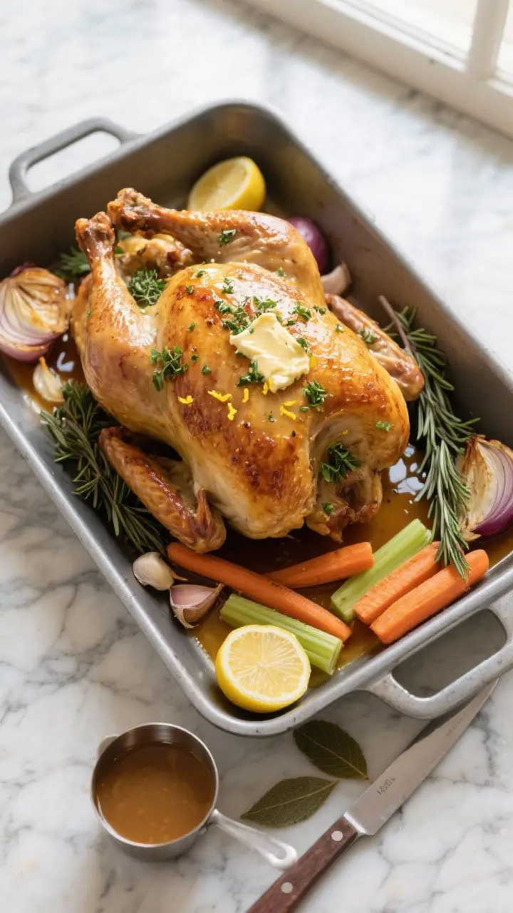An overhead shot of a golden Classic Herb-Butter Roast Turkey resting in a roasting pan set on a marble countertop, shatteringly crisp skin glistening with herb butter; visible chopped rosemary, thyme, and parsley under the skin, lemon zest flecks, and garlic. Surround the bird with roasted onion quarters, lemon halves, chunky carrots and celery, with a pool of pan drippings and low-sodium chicken stock at the bottom. Include a small saucepan of classic gravy made from drippings, a carving knife, and a few sage leaves for garnish. Warm, natural window light; high-heat finish emphasized by deep bronzed skin; no people.