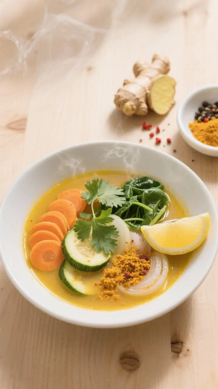 An overhead shot of a sunshine-gold turmeric-ginger detox broth steaming in a matte white bowl on a light wood surface; visible thin carrot coins, zucchini half-moons, wilted baby spinach, translucent onion, and specks of ground turmeric, with a miso-whisked sheen on the surface; garnished with fresh cilantro leaves, lemon wedge on the side, and a light sprinkle of cracked black pepper and red pepper flakes; a small dish of white/yellow miso paste and a ginger knob with slices placed nearby; soft spa-like mood with natural side light and minimal props for a clean, warming feel.