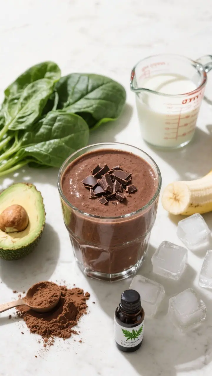 An overhead shot of the Green Chocolate Hulk final smoothie, vibrant deep chocolate-brown with a subtle green undertone, in a clear glass to show velvety thickness. Garnish with shaved dark chocolate or a few cocoa nibs; a fresh pile of tightly packed spinach leaves, quarter avocado, half frozen banana, chocolate protein powder scoop, cocoa powder mound, and a small bottle labeled peppermint extract arranged neatly around. Unsweetened almond milk in a measuring cup; 6–8 ice cubes glistening. Clean, bright natural light for a fresh, nutrient-boosted mood; no people, precise styling.