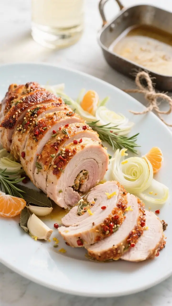 An overhead sliced presentation of Porchetta-Style Turkey Breast With Fennel and Crispy Skin: spiraled rounds neatly arranged on a light platter, showcasing the rolled layers with flecks of crushed fennel seeds, red pepper flakes, rosemary, sage, garlic, and lemon zest. Skin is deeply crisp and crackly. A small roasting pan sits nearby with a white wine and chicken stock jus; kitchen twine off to the side. Garnish with thin fennel fronds and a few orange segments to echo the Italian vibe. Bright, elegant styling with precise knife work, high-end restaurant feel.