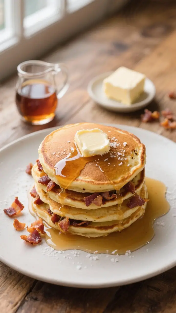 An overhead stack of maple-bacon pancakes on a matte white plate: golden, fluffy pancakes studded with chopped crisp bacon inside, crowned with a pat of softened salted butter beginning to melt; thick ribbons of pure maple syrup cascading down the sides, finished with a pinch of flaky sea salt; a small pitcher of maple syrup, a slab of salted butter, and scattered bacon crumbles nearby; warm, cozy brunch vibe on a rustic wooden table, soft natural window light.
