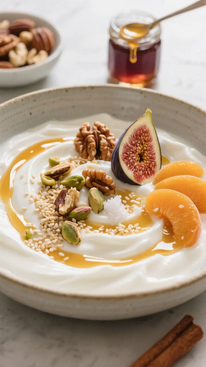 Classic Greek yogurt bowl with honey, nuts, and sesame: straight-on plated presentation of a thick swirl of full-fat Greek yogurt in a simple ceramic bowl, glossy ribbons of Greek honey drizzled over; toppings include roughly chopped walnuts and pistachios, sesame seeds sprinkled, a pinch of cinnamon dusting, and halved fresh figs and apricot slices; a tiny pinch of flaky sea salt visible; side props: a small jar of grape molasses with a spoon trail and a dish of mixed nuts; bright, fresh morning mood with soft natural light highlighting creamy tangy whites and golden honey shine.