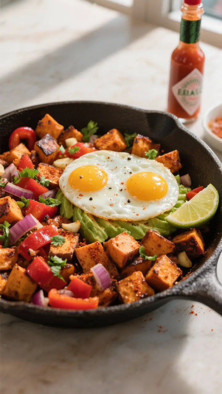 Close-up 45-degree angle of a crispy sweet potato hash in a cast-iron skillet: caramelized 1/2-inch sweet potato cubes with charred edges, diced red bell pepper and red onion, seasoned with smoked paprika and garlic powder; just-warmed diced avocado folded in, crowned with two sunny fried eggs with runny yolks, sprinkled with salt, pepper, and chopped cilantro; lime wedge and a bottle of hot sauce off to the side; warm, hearty brunch mood with directional window light.