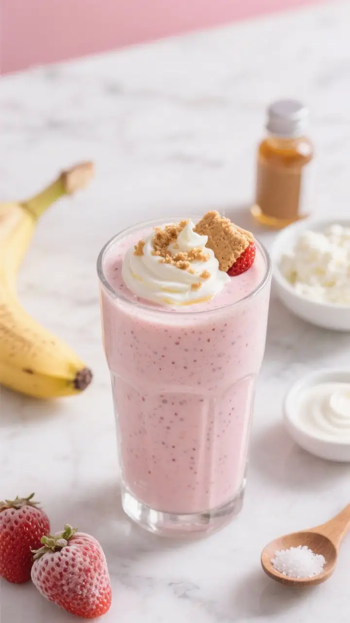 Close-up, 45-degree angle of a Strawberry Cheesecake Power Shake poured thick into a clear highball glass, ultra-creamy texture with tiny strawberry seeds visible; styled with a swirl of Greek yogurt on top, a sprinkle of crushed graham crackers for the “cheesecake crust,” and a light drizzle of honey; ingredients subtly included in frame: frozen strawberries, half a frozen banana, a small bowl of low-fat cottage cheese, plain Greek yogurt, almond butter spoon, vanilla extract bottle, and a pinch bowl of sea salt; cool pink tones against a white marble surface, soft morning light for a dessert-like yet post-workout vibe, no people.