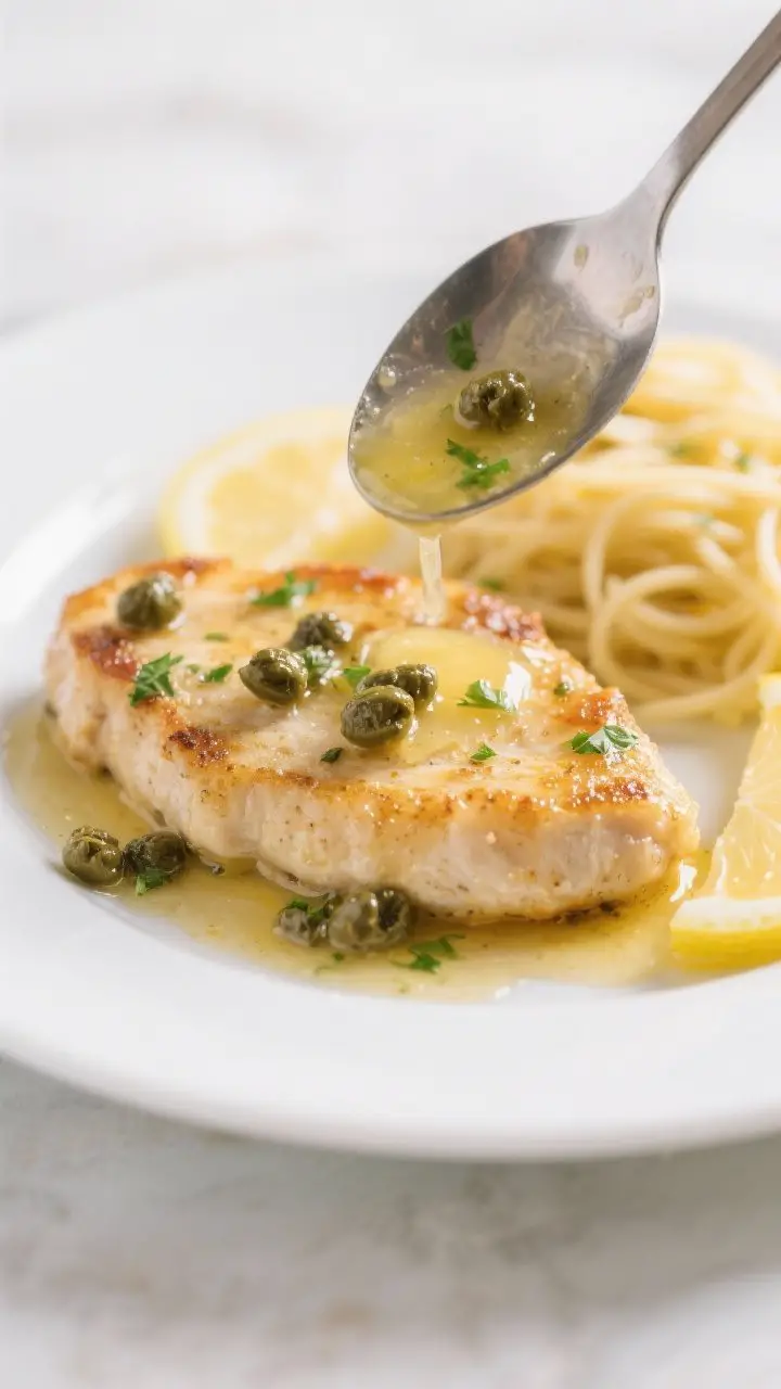 Close-up action shot: Classic Chicken Piccata cutlet being spoon-basted with buttery lemon-caper sauce; capers and tiny parsley bits suspended in the glossy emulsion, thin lemon slices tucked alongside the chicken; golden sear visible under the light flour dredge; shallow depth of field to highlight sauce sheen and texture; set on a simple white plate with a small pool of sauce, angel hair pasta blurred in the background.