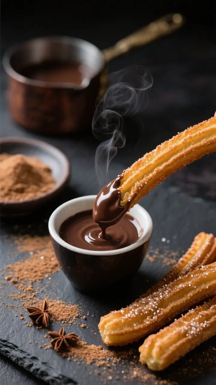 Close-up action shot of Churros con Chocolate: ridged 5–6-inch churros just tossed in cinnamon sugar, crystals sparkling on the crisp exterior, a slight wisp of steam visible. One churro is mid-dip into a small cup of thick, glossy Spanish hot chocolate made with dark chocolate and cornstarch—silky ribbons clinging to the pastry. Scatter of cinnamon sugar on a dark slate surface, a shallow dish of sugar-cinnamon mix, and a saucepan of chocolate slightly out of focus. Rich, moody lighting for contrast, tack-sharp texture on churro ridges and chocolate viscosity.