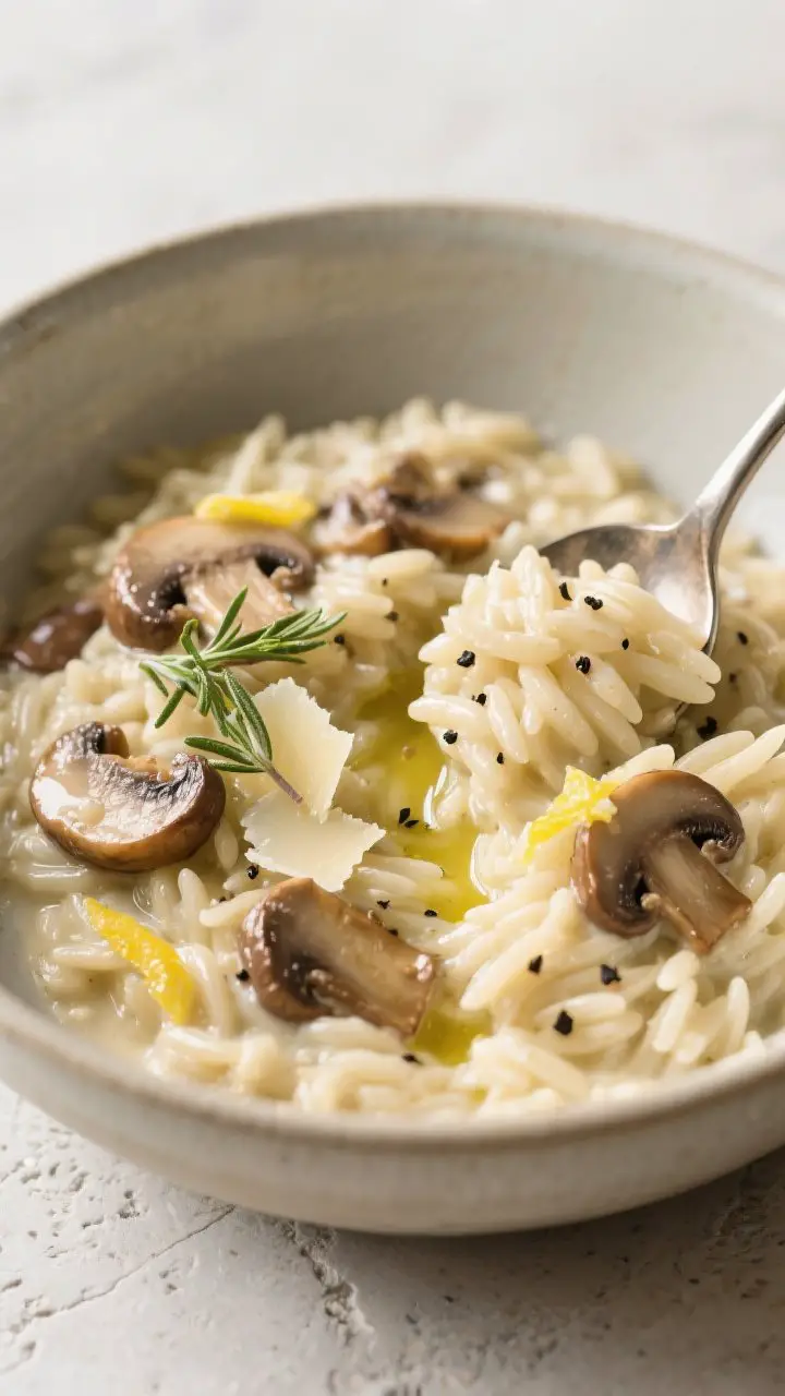 Close-up bowl of creamy mushroom orzo: glossy, risotto-like orzo swirled with browned cremini mushrooms, thyme leaves, Parmesan, and a hint of lemon zest; texture ultra-creamy with visible starch sheen; a drizzle of olive oil finishing, cracked black pepper on top; shallow depth of field with a spoon carving a channel through the orzo; neutral ceramic bowl on a light stone surface