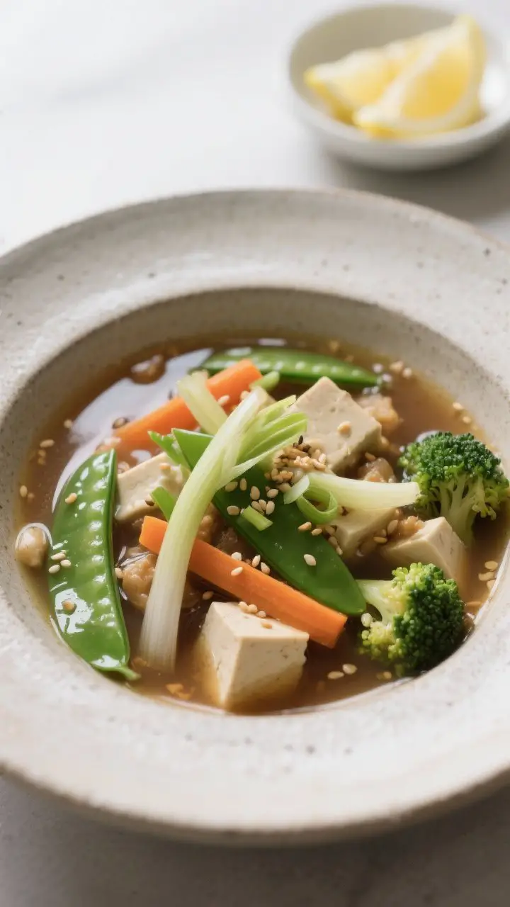Close-up detail shot of Miso-Garlic Detox Stew ladled into a minimalist stoneware bowl: clear kombu-infused broth with suspended ribbons of leek, thinly sliced carrots, bright snap peas, small broccoli florets crisp-tender, and neat cubes of firm tofu; glossy surface with tiny droplets of toasted sesame oil, sprinkled with sliced scallions and toasted sesame seeds; a small dish of white miso and lemon wedges in soft focus; clean, zen composition with gentle natural light.