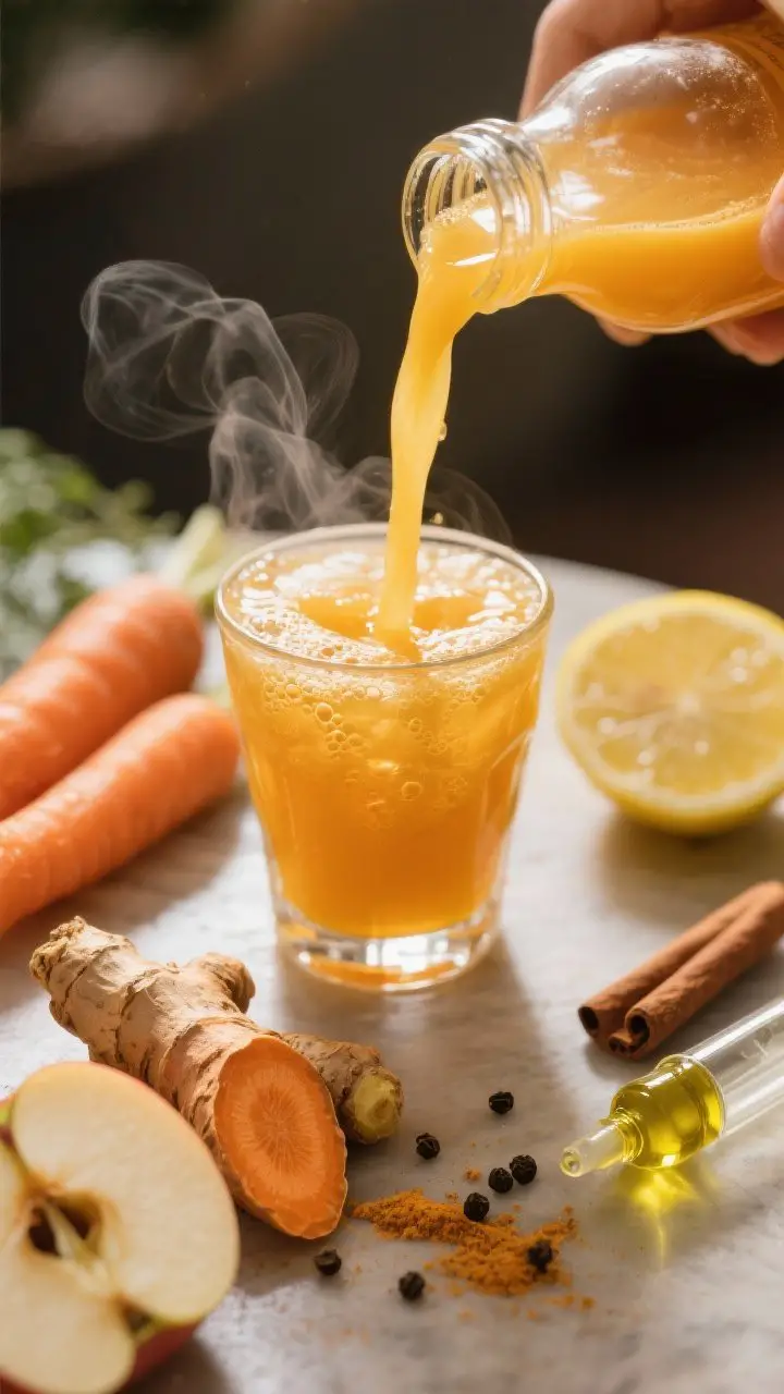 Close-up macro of the Golden Immunity Glow: Carrot-Apple-Turmeric Tonic being poured into a small tumbler, silky texture and luminous golden-orange color; faint steam-like haze and micro-bubbles from fresh juicing; on the surface: scrubbed carrots, a cored Honeycrisp apple slice, a peeled turmeric nub, a small piece of ginger, a cut lemon wedge, a pinch of black pepper and a sprinkle of cinnamon; a tiny glass dropper with a dot of olive oil nearby to suggest absorption; warm, cozy afternoon light with shallow depth of field.