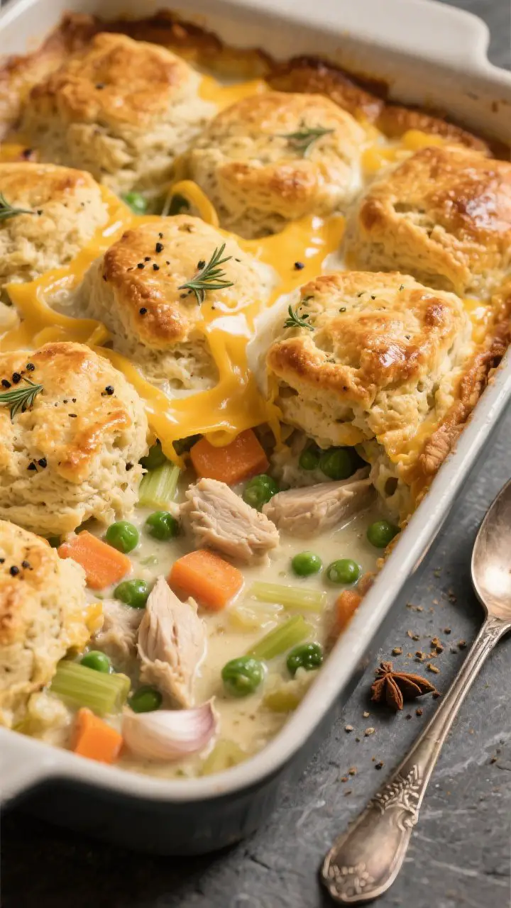 Close-up of garlicky chicken pot pie with cheddar biscuit topping: bubbling creamy chicken, carrot, celery, peas, and thyme filling breaking through around deeply golden, craggy cheddar biscuits; visible flecks of black pepper and steam; brushed buttermilk shine on biscuit tops, a few cheese strands melted; shot in a 9x13 baking dish on a slate surface with a vintage spoon and a pinch of nutmeg nearby; cozy, homey tungsten glow.