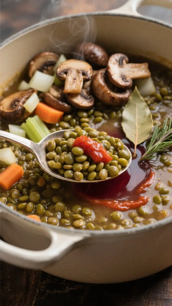 Close-up process shot in a Dutch oven: rustic French green lentil stew with browned cremini mushrooms piled on top, visible diced onion, carrot, and celery, a dollop of tomato paste streaked into the fond, a splash of red wine reducing with steam, and a bay leaf and thyme sprigs nestled in the broth; a spoon showing firm French green (du Puy) lentils holding shape. Earthy, bistro vibe with warm neutral tones and a slight sheen from olive oil; shallow depth of field to emphasize mushroom sear and lentil texture.