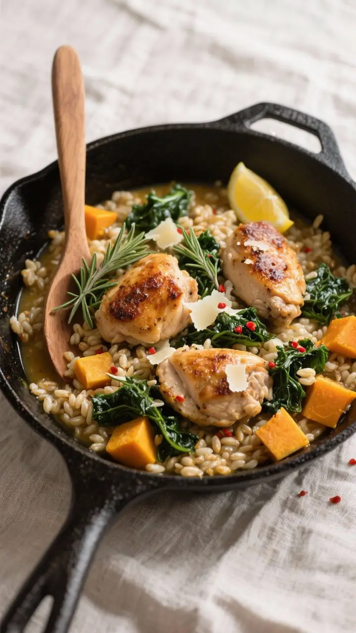 Close-up skillet shot of a cozy chicken, farro, and kale mélange: browned bite-size chicken thigh pieces nestled into pearled farro cooked with chicken broth, thyme, and rosemary; golden-edged butternut squash cubes and wilted lacinato kale threaded throughout; finish of grated Parmesan melting in, tiny red pepper flakes, and a bright kiss of lemon; presented in a black enamel deep skillet on a linen, with a wooden spoon showing the risotto-like, brothy sheen.