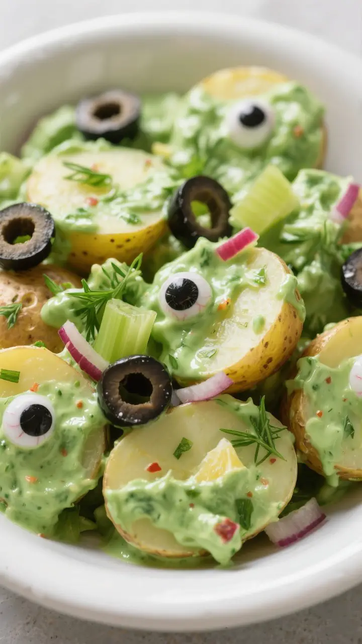 Close-up, straight-on hero shot of “Monster Mash” potato salad: halved baby gold potatoes coated in vivid green goddess “slime” (Greek yogurt, avocado, mayo, parsley, dill, chives, lemon, Dijon), with fine celery and red onion flecks visible. Playful sliced black olive “eyeballs” dot the surface. Served in a chilled white ceramic bowl on a neutral surface to make the green pop; creamy sheen and fresh herb texture emphasized, shallow depth of field for appetizing focus.