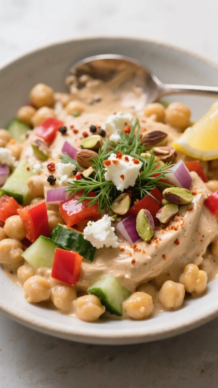Close-up, straight-on shot of a creamy tahini chickpea salad in a shallow bowl: plump chickpeas coated in silky tahini-lemon dressing with visible flecks of cumin and smoked paprika, diced red bell pepper and cucumber for crunch, finely chopped red onion, fresh parsley and dill, crumbled feta, and rough-chopped toasted almonds or pistachios scattered on top. Tiny chili flakes and black pepper sprinkled for heat, with a spoon showing some lightly smashed chickpeas for extra creaminess. Soft, diffused light highlighting gloss and texture; modern Mediterranean lunch vibe.