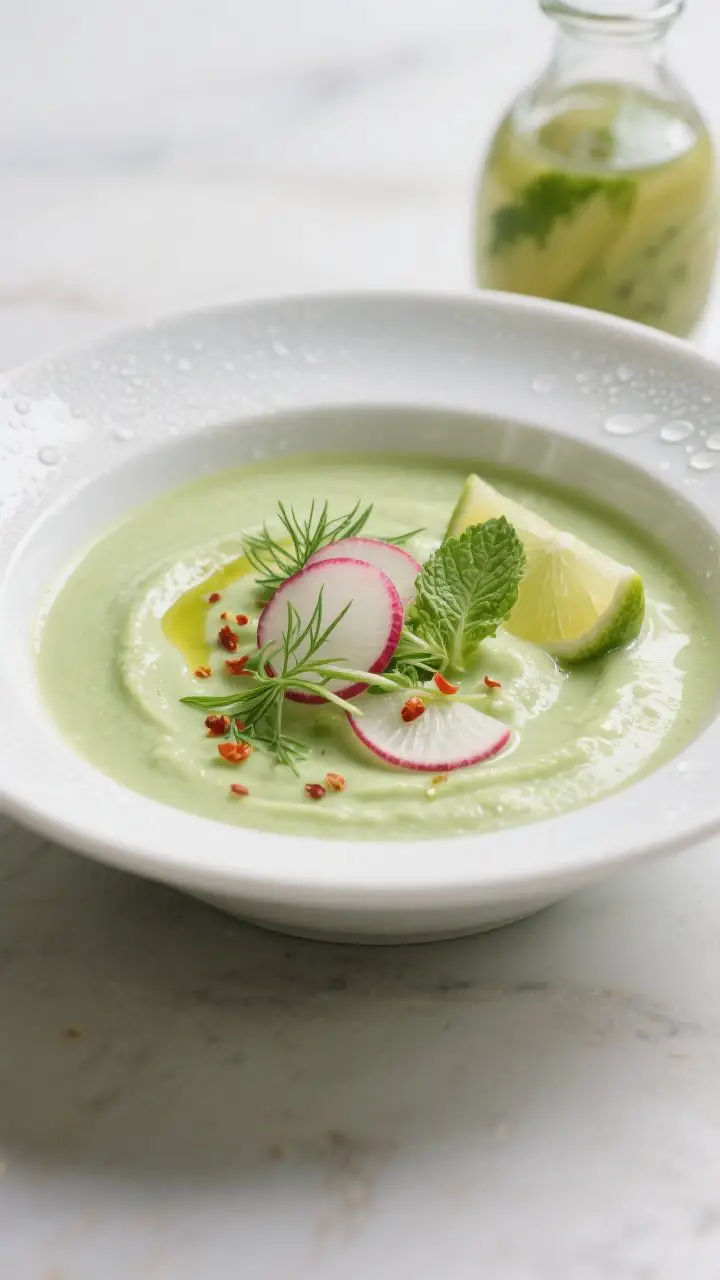 Close-up straight-on shot of Chilled Avocado Cucumber Soup in shallow white bowls: ultra-smooth pale green soup with a glossy olive oil sheen. Garnished with thinly sliced radishes, microgreens, a pinch of chili flakes, and flecks of fresh dill and mint. Condensation on the bowl hints at chill; a wedge of lime and a small carafe of chilled vegetable broth in the background. Soft natural light to emphasize the creamy texture and refreshing vibe.