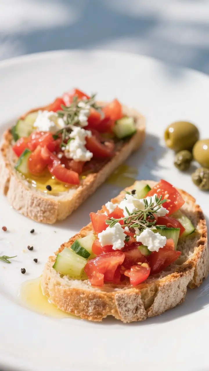 Cretan dakos breakfast toast with tomatoes and feta: overhead flat lay of two barley rusks (or thick sourdough toasts) lightly sprinkled with water and drizzled with extra-virgin olive oil, topped with juicy grated ripe tomato soaking into the base; scattered finely diced cucumber, crumbled feta, dried oregano, sea salt, black pepper; finished with a generous olive oil drizzle; optional olives and capers on the side; bright Mediterranean palette of reds, whites, and greens, minimalist backdrop evoking coastal Greece, crisp, appetizing detail with crumb and tomato juices visible.