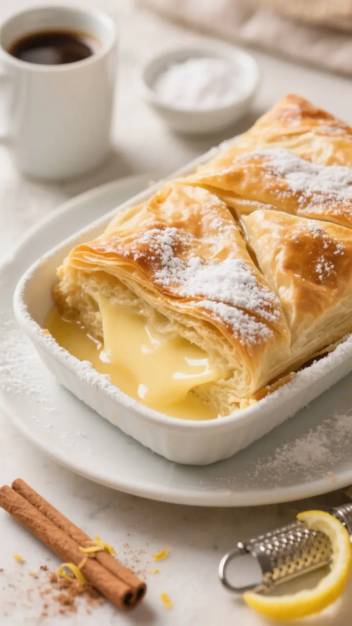 Fluffy bougatsa custard pie: a 45-degree angle close-up of a golden, flaky phyllo parcel just out of the oven, the top deeply crisp with delicate scoring lines, sliced to reveal warm, silky semolina custard inside; a generous snowfall of powdered sugar and a light dusting of cinnamon on top and plate; served on a small white baking dish with melted butter sheen on the phyllo; props include a cup of strong Greek coffee, a small bowl of powdered sugar, a pinch bowl of ground cinnamon, and a zester with a curl of lemon zest; warm, morning light, shallow depth of field emphasizing crispy layers and creamy texture, Greek bakery vibe, no people.