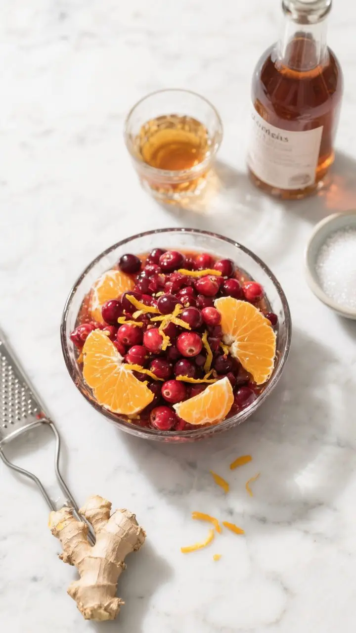 Ingredient-focused overhead flat lay for cranberry-orange relish: a glass bowl of finely chopped ruby-red cranberries mixed with bright orange zest, fresh orange segments, and visible ginger specks; a splash of bourbon in a small glass next to a bottle; granulated sugar in a pinch bowl; microplane with ginger fibers; cool, bright lighting to emphasize freshness; minimal props, clean marble surface.