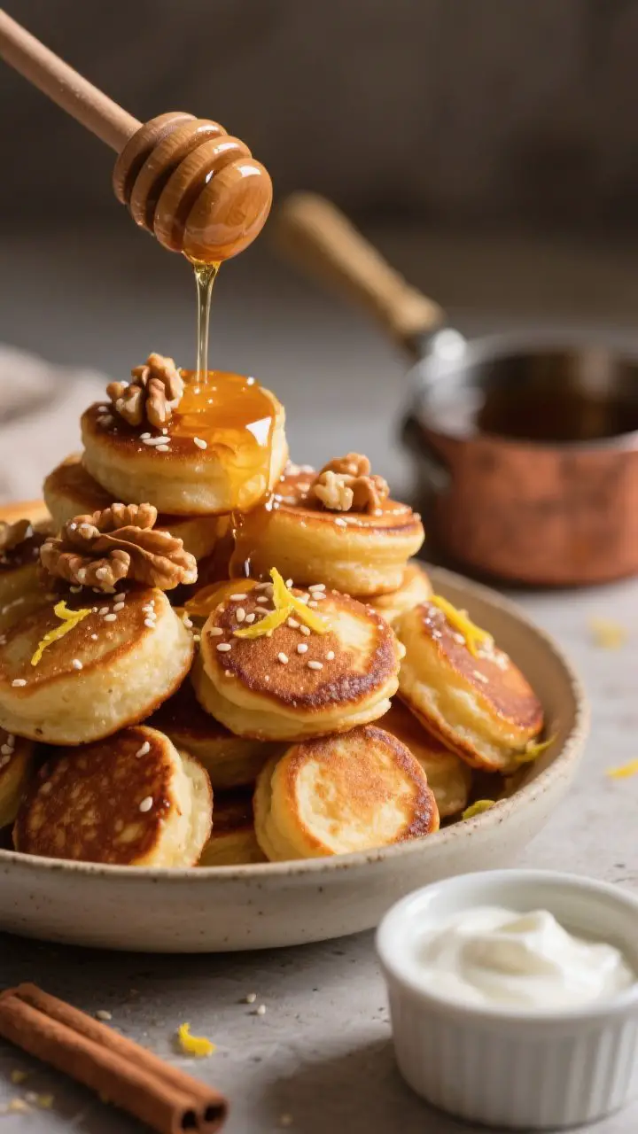 Loukoumades-inspired pancake bites with honey syrup: close-up macro shot of a bowl piled high with mini pancake bites, puffed and golden with crisp edges; a warm cinnamon-honey syrup being drizzled in a glossy stream over the stack, tiny bubbles catching light; hints of lemon zest on top, crushed walnuts and a sprinkle of sesame for garnish; side props: a small saucepan with the syrup and a wooden honey dipper; optional dollop of Greek yogurt in a separate ramekin; cozy weekend brunch mood, rich highlights on syrup, shallow depth of field to emphasize texture.