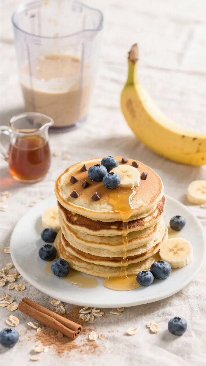 Overhead breakfast flat lay of banana oat blender pancakes: a stack of fluffy, round pancakes made from blended oats, ripe banana, and eggs, dotted with blueberries on some and mini chocolate chips on others; a drizzle of maple syrup cascading down, fresh berries scattered, and a small pitcher of syrup nearby; the blender jar with residual batter, a ripe banana, and a dusting of cinnamon for atmosphere; bright morning light on a neutral linen.
