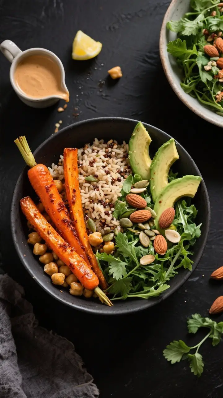 Overhead build-your-own bowl flat lay: vibrant harissa-roasted carrot sticks and crispy chickpeas (spiced with cumin, salt, and pepper) arranged beside fluffy quinoa/brown rice and a bed of arugula; slices of ripe avocado fan out, topped with chopped roasted almonds/pumpkin seeds and fresh cilantro; a small pourer drizzling garlicky tahini sauce (tahini, lemon, maple, warm water) over one bowl for motion; bold oranges, greens, and creamy neutrals on a matte black surface for high contrast.