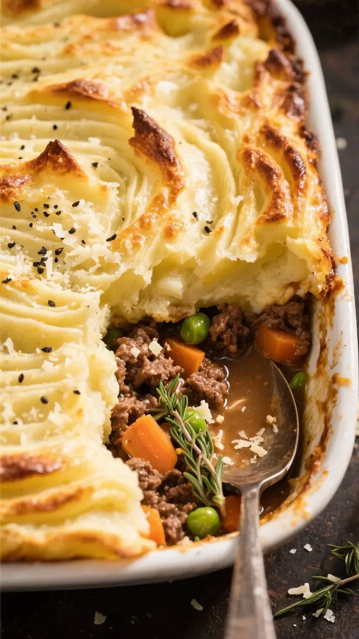 Overhead casserole shot: Creamy beef and potato cottage pie in a baking dish, golden, ridged mashed potato topping with browned peaks, a corner scooped out to reveal savory ground beef, carrots, peas, and thyme in a thickened gravy beneath; scattered Parmesan crumbs and cracked black pepper on top; a serving spoon and warm, inviting lighting.