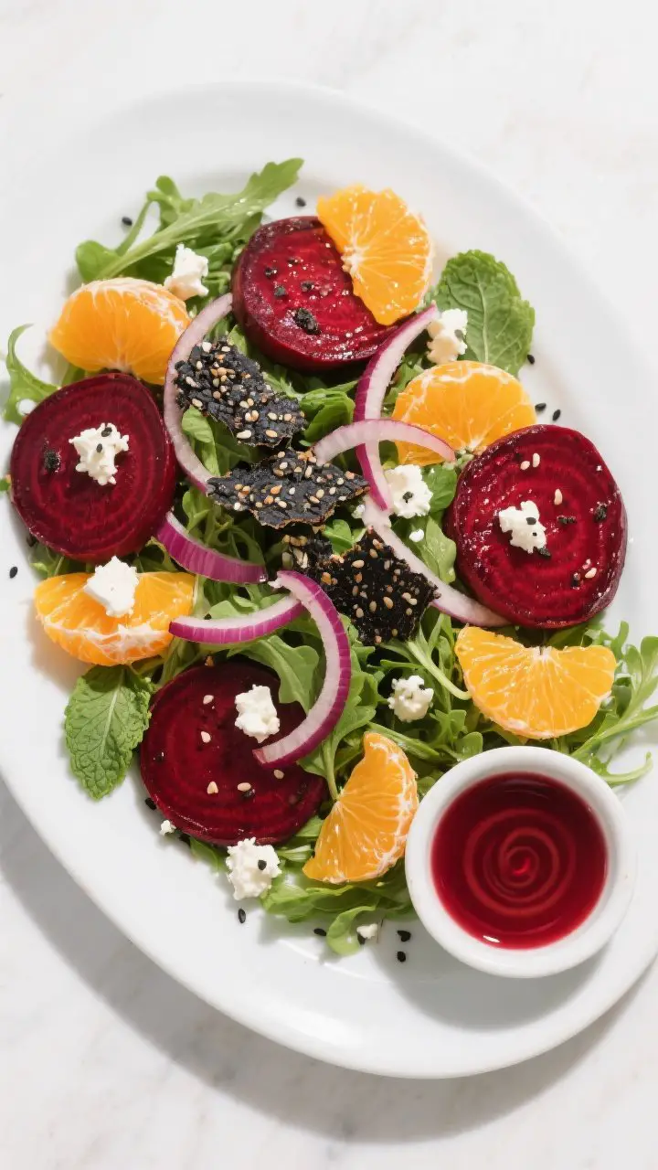 Overhead composed salad on a wide white platter: blood moon beet and citrus salad with arugula base, roasted red and golden beet rounds, navel and blood orange segments glistening with juice, paper-thin red onion, torn mint leaves, and crumbled feta. Jagged black sesame brittle shards provide dramatic crunch on top. A small dish of red wine vinaigrette with a swirl of reserved orange juice sits to the side; bright, high-contrast lighting to make reds and oranges glow.
