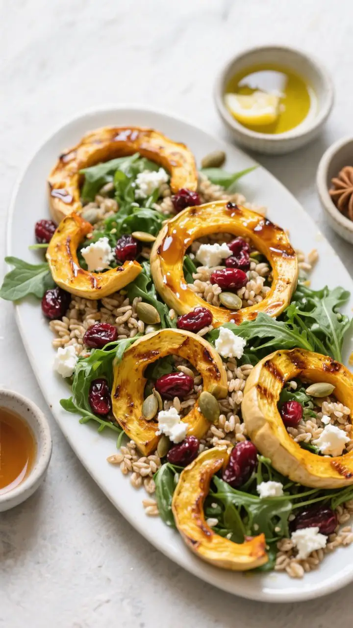 Overhead composed salad platter: roasted delicata squash rings with caramelized edges, nutty farro, dried cranberries, toasted pepitas, crumbled feta, and baby arugula, all tossed lightly in a glossy maple-Dijon dressing; colors pop—golden squash, ruby cranberries, green arugula; dressing ingredients (olive oil, lemon, apple cider vinegar, maple syrup, Dijon) set as a neat vignette in small bowls