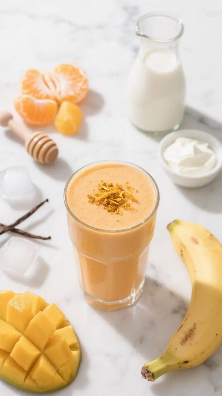 Overhead final presentation of the Creamy Orange Sunrise, creamsicle-colored smoothie in a clear tumbler topped with fresh orange zest and a tiny pinch of turmeric for golden specks; bright, happy morning mood on white marble; include complementary elements around: peeled orange segments, frozen mango pieces, half a frozen banana, a scoop of vanilla protein, plain Greek yogurt, a small honey dripper, vanilla extract, and a few ice cubes; show dairy or oat milk in a small carafe; high-key lighting to capture citrus brightness and velvety texture, no people.