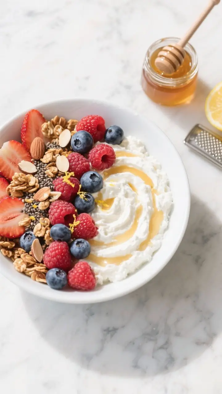 Overhead flat lay of a creamy berry cottage cheese power bowl in a white ceramic bowl on a cool marble surface: whipped cottage cheese swirled with honey and vanilla, topped with a neat mosaic of strawberries, blueberries, and raspberries, clusters of granola, chopped almonds, chia seed sprinkle, and a whisper of lemon zest; a small jar of honey with a dripper and a microplane with lemon nearby; bright, refreshing morning light, cool color palette, crisp textures, professional food styling.
