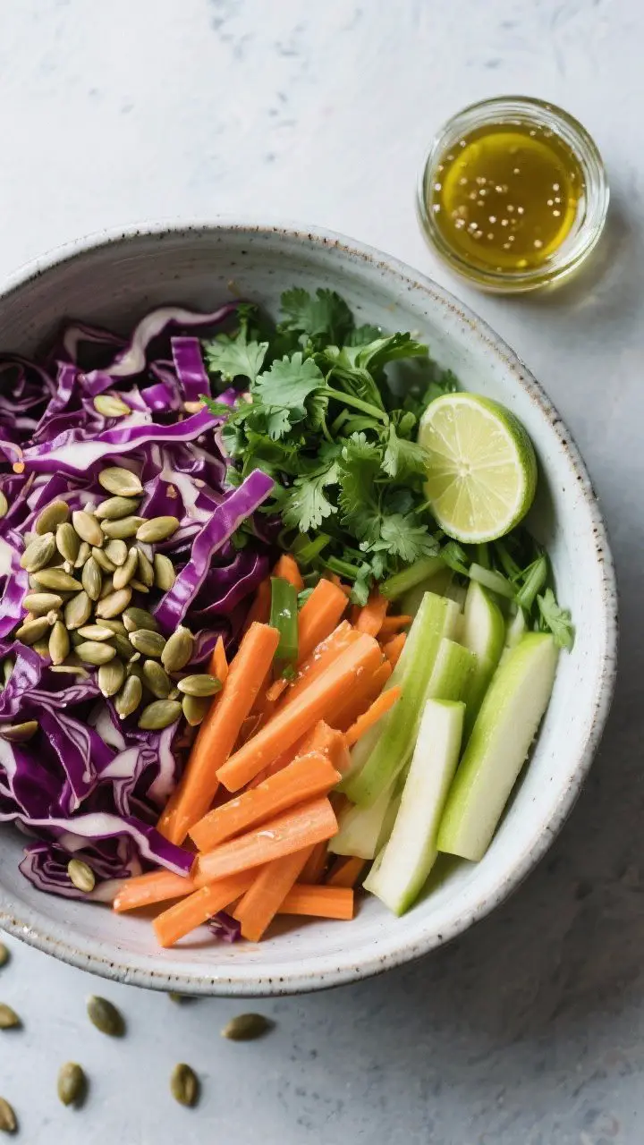 Overhead flat lay of Crunchy Detox Slaw just tossed in a large ceramic mixing bowl: ribbons of purple-red cabbage, julienned bright-orange carrot, crisp green apple matchsticks, thinly sliced green onions, and chopped cilantro; a small glass jar of lime-olive oil dressing (lime juice, Dijon, honey) set to the side, with droplets showing emulsification; a pile of toasted pepitas ready to be folded in, some scattered for texture; fresh, punchy colors, snappy textures, clean minimal styling on a cool-toned surface.