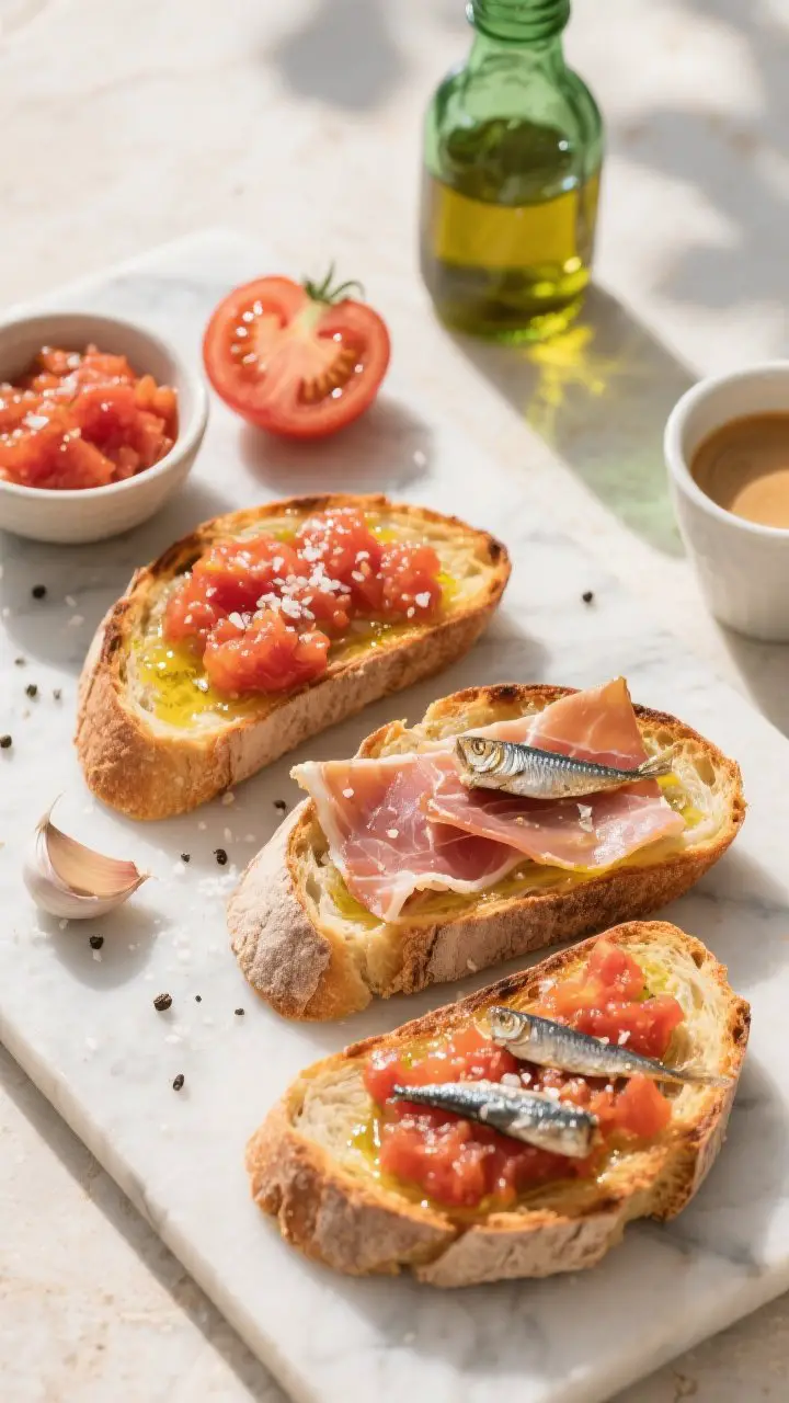 Overhead flat lay of Pan con Tomate: four thick slices of rustic sourdough toasted deeply golden with crisp edges, rubbed with garlic, generously topped with freshly grated ripe tomato pulp glistening with extra-virgin olive oil, sprinkled with flaky sea salt and cracked black pepper; two slices finished with delicate folds of serrano ham and another with a couple anchovy fillets for a salty lift. Style on a sunlit marble slab with a small bowl of tomato pulp, a cut tomato half, a garlic clove, and a green glass bottle of olive oil; warm café con leche in a simple cup nearby. Bright morning, Mediterranean tones, high contrast, natural light, sharp texture on crust and juicy tomato sheen.