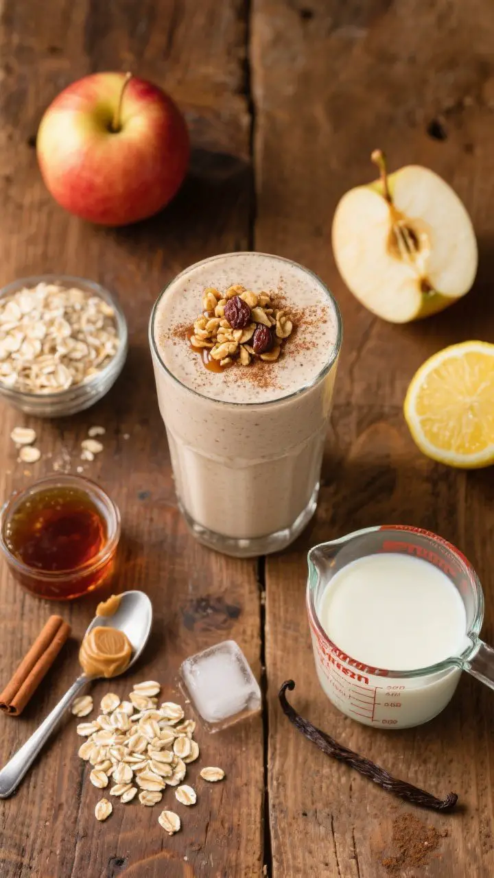 Overhead flat lay of the Caramel Apple Crisp smoothie ingredients and final glass side-by-side: a tall frosty oat-milk-based smoothie with cinnamon dusting and a drizzle of date syrup, topped with a sprinkle of granola. Around it, neatly arranged components: a chopped Honeycrisp apple, rolled oats, a spoonful of almond butter, maple/date syrup, ground cinnamon, vanilla extract, lemon wedge, ice cubes, and oat milk in a measuring cup. Rustic wooden table, warm tones, crisp textures, clean styling.