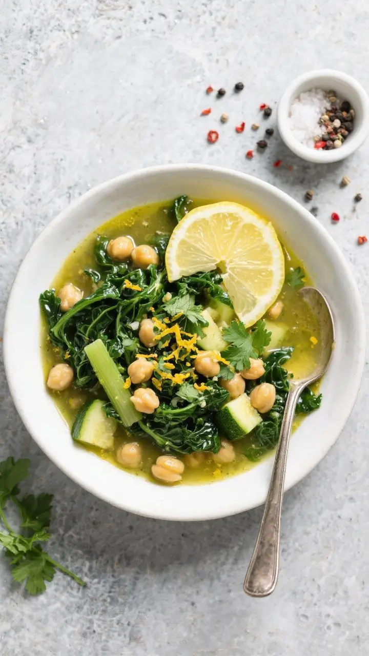 Overhead flat lay of the final Gingery Green Glow Stew in a wide white ceramic bowl: lemony-green broth shimmering with extra-virgin olive oil, tender lacinato kale ribbons, chickpeas, diced zucchini and celery, flecks of grated ginger, turmeric warmth, and a confetti of fresh parsley and cilantro; lemon zest visible on top, extra lemon wedges and red pepper flakes on the side, cracked black pepper sprinkled; styled on a cool gray stone surface with a ladle and a small ramekin of sea salt, bright, clean, cozy vibe.